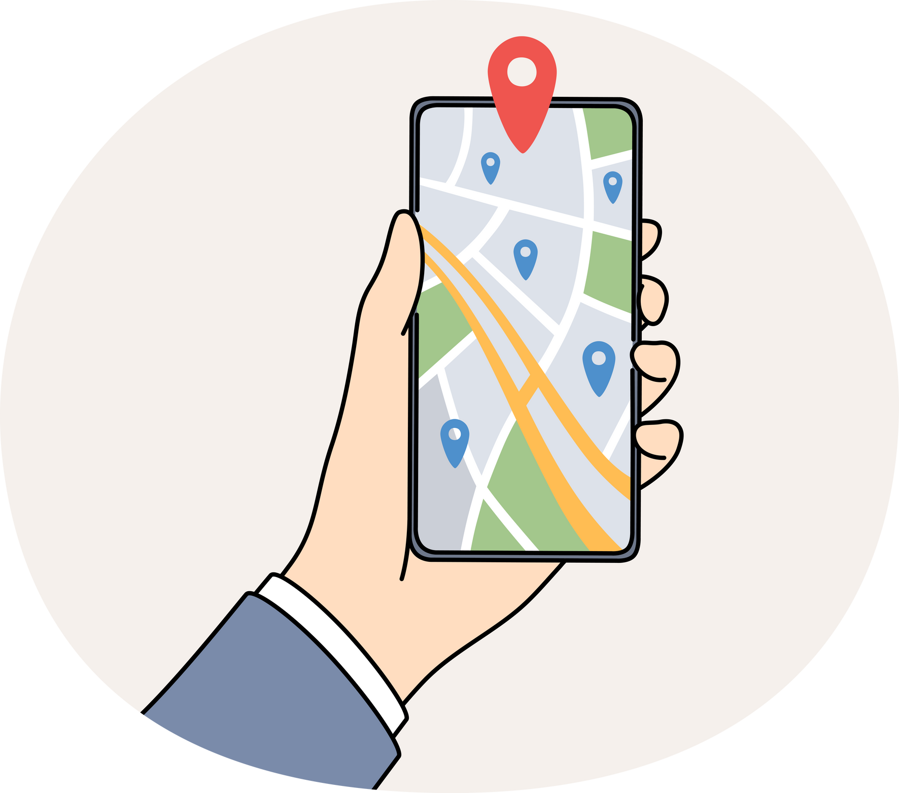 Closeup of person holding cellphone with GPS pointer on digital map. Man with smartphone track location on virtual map on device.
