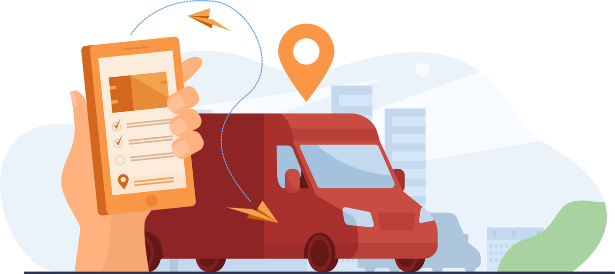 Customer using mobile app for tracking order delivery. Human hand with smartphone and courier van on street with map pointer above. Illustration for gps, logistics, service concept